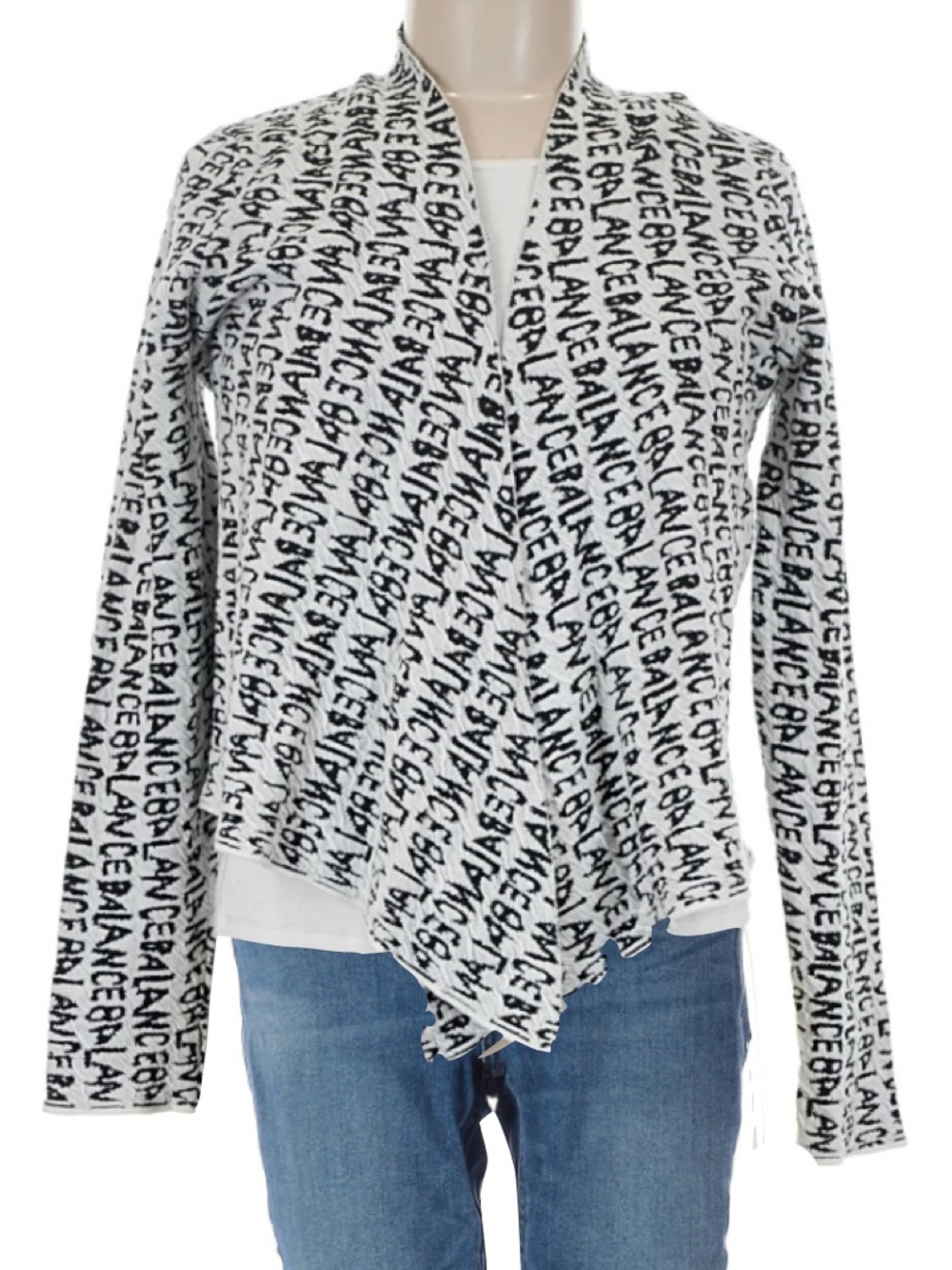 NIC+ZOE Black and White Relaxed BALANCE Script Text Waterfall Open Cardigan